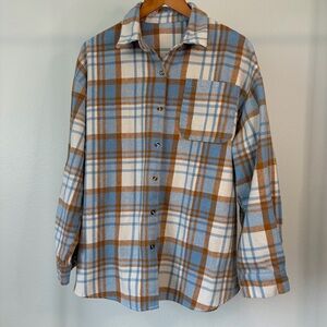 Plaid Button-Up Shacket in Blue, White & Brown